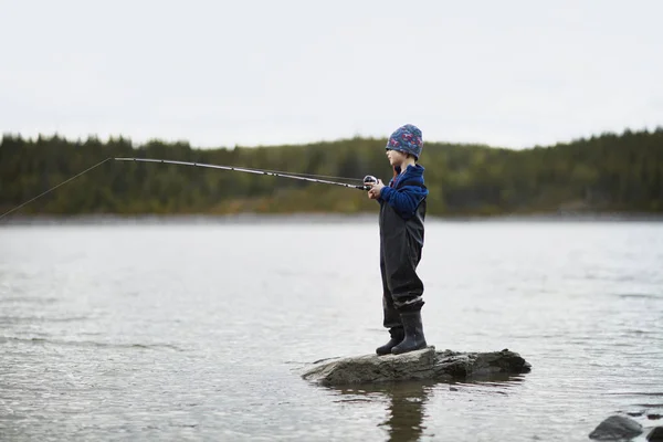 Adorable Little Boy Fishing River — Stock Photo, Image