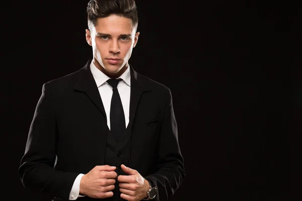 Tiro Sexy Guapo Joven Agente Secreto Usando Elegante Traje Negro —  Fotos de Stock