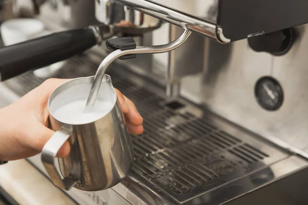 Cropped Close Professional Barista Warming Milk Metal Jug Using Coffee — 图库照片