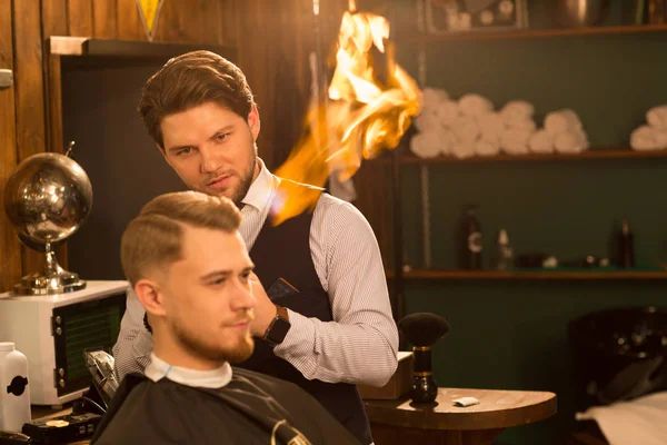 Handsome Professional Barber Smiling Giving Hair Fire Treatment His Handsome — Stock Photo, Image