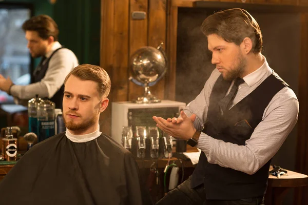 Shot Handsome Professional Barber Powdering His Hands Examining New Haircut — Stock Photo, Image