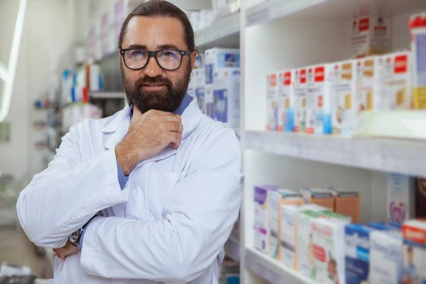 Confident Mature Bearded Pharmacist Smiling Camera Posing His Drugstore Copy — Stock Photo, Image