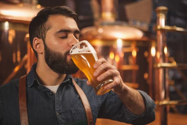 Der Bärtige Männliche Brauer Schlürft Köstliches Bier Aus Einem Glas — Stockfoto