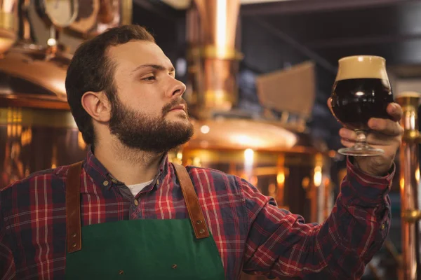 Young Bearded Brewer Wearing Apron Working His Brewery Examining Dark — Stock Photo, Image