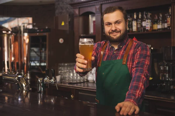 Glücklich Bärtiger Barkeeper Mit Schürze Fröhlich Lächelnd Die Kamera Mit — Stockfoto
