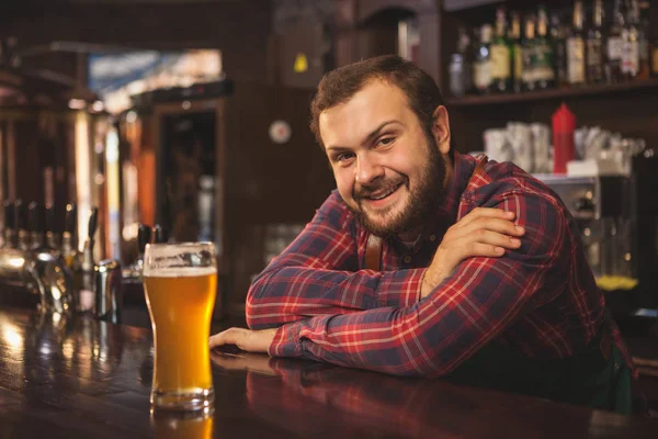 Friendly Bearded Bartender Smiling Joyfully Camera Enjoying Working His Beer — Stock Photo, Image