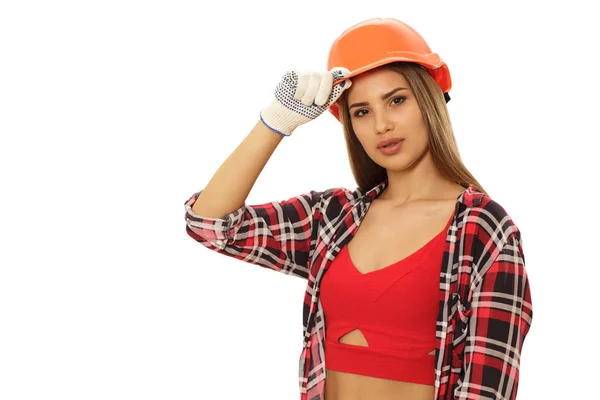 Gorgeous Young Female Contractor Looking Seductively Camera Wearing Hardhat Isolated — Stock Photo, Image