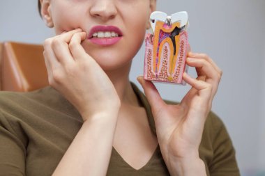 Cropped close up of a woman having toothache holding tooth mold with caries, copy space. Female patient waiting for dental treatment at the clinic. Dentist, health concept clipart