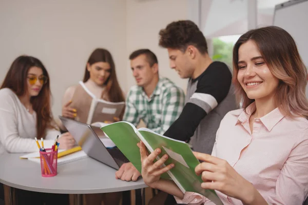 Group of young people studying together at college classroom — 스톡 사진