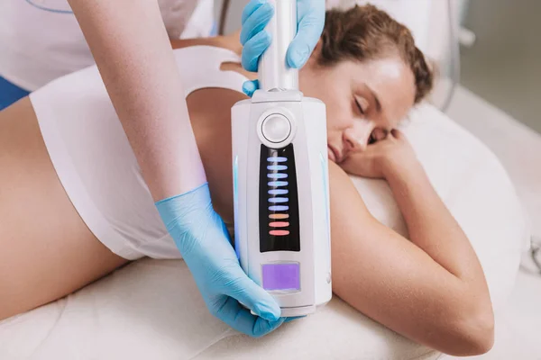 Cropped Shot Woman Enjoying Massage Professional Dermatologist Beautician Tightening Skin — Foto de Stock