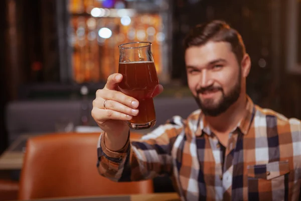 Selective Focus Beer Glass Hand Happy Handsome Bearded Man Cheerful — Stock Photo, Image