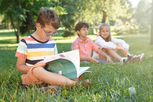 Uroczy Chłopczyk Czytający Książkę Siedzący Trawie Przyjaciółmi Parku — Zdjęcie stockowe