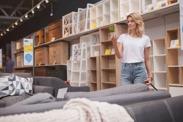 Saksı bitkisine bakan bayan müşteri, ev eşyaları mağazasından alışveriş, kopyalama alanı