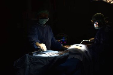 Ekip cerrahı ameliyathanede. Ameliyathanede cerrahi ışık. Ameliyat için hazırlıklar bir kesikle başlıyor. Cerrah hastayı ameliyat ediyor..