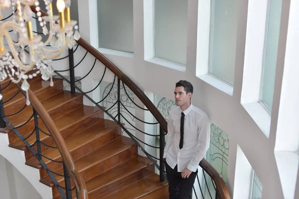 Caucasian Man Staircase Home — Stock Photo, Image