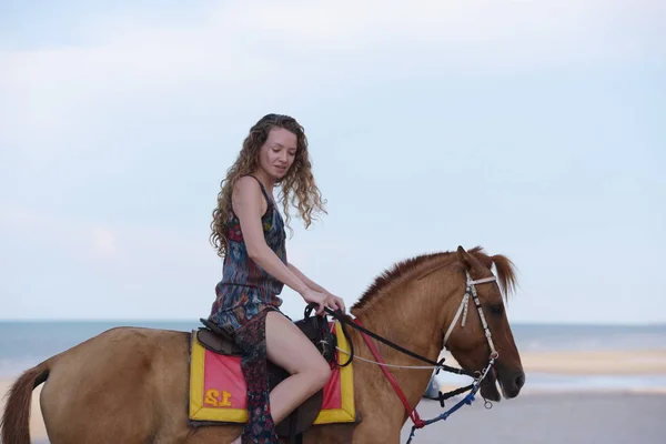 Beautiful Women Horses Walking Beach Evening Beautiful Model Swimsuit Have — Stock Photo, Image