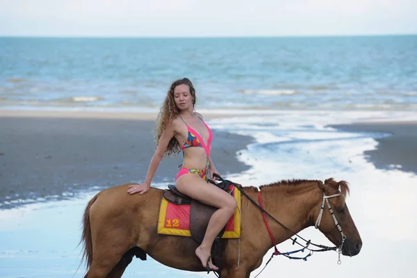 穿着泳装的漂亮模特晚上在海滩玩得开心 海滩上泳装美女的照片 美丽的女人和马在日落前傍晚在海滩漫步 — 图库照片