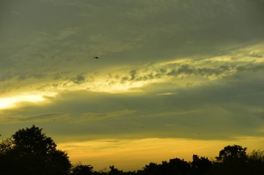 gökyüzü, alan, bulutlar, gün batımı, günbatımı manzara. Alan ve karanlık clouds.sunset yeşil alanı, göl günbatımı ile gökyüzü ve altın bulutlu gökyüzü. Ve güzel su yansıma, parlak renkli gökyüzü
