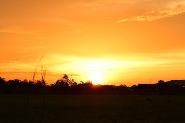 gökyüzü, alan, bulutlar, gün batımı, günbatımı manzara. Alan ve karanlık clouds.sunset yeşil alanı, göl günbatımı ile gökyüzü ve altın bulutlu gökyüzü. Ve güzel su yansıma, parlak renkli gökyüzü