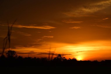 gökyüzü, alan, bulutlar, gün batımı, günbatımı manzara. Alan ve karanlık clouds.sunset yeşil alanı, göl günbatımı ile gökyüzü ve altın bulutlu gökyüzü. Ve güzel su yansıma, parlak renkli gökyüzü