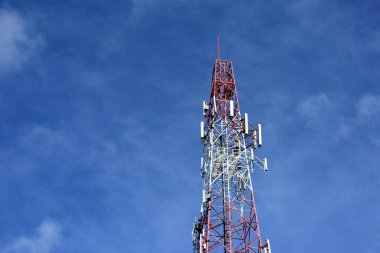 Wireless Communication Antenna With bright sky.Telecommunication tower with antennas with blue sky.telecommunication mast TV antennas wireless technology with blue sky . clipart