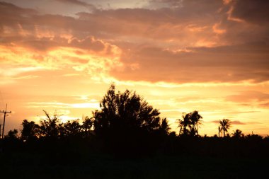 günbatımı manzara. Alan ve karanlık clouds.sunset yeşil alanı, göl günbatımı ile gökyüzü ve altın bulutlu gökyüzü. Ve güzel su yansıma, parlak renkli gökyüzü ve bulutlar olarak geri