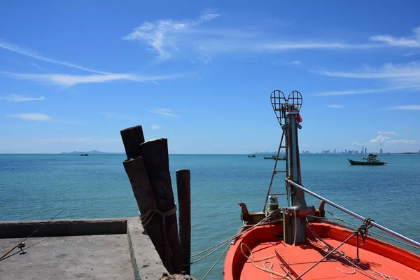 Vue Sur Mer Petit Bateau Sur Jetée Pêche Petit Bateau — Photo