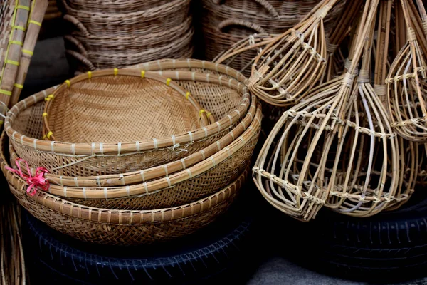 Wicker Marketrattan Basket Rattan Bamboo Handicraft Hand Made Natural Straw — Stock Photo, Image