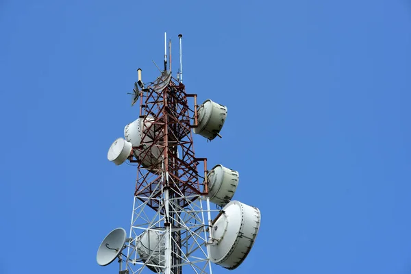 blue, sky, communication, wireless, tower, towers, antenna, telecommunication, technology, equipment, network, phone, mobile, station, microwave, satellite, metal, global, cell, broadcasting, white, radio, telecom, industry, cellular, telecommunicati