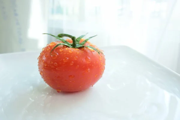 Frutas Frescas Fundo Branco Tomates Vermelhos Frescos Com Gotas Água — Fotografia de Stock