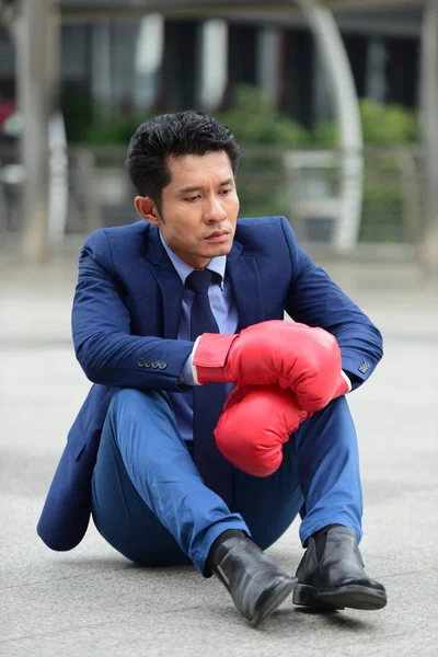 Asian Businessman Wearing Boxing Gloves — Stock Photo, Image