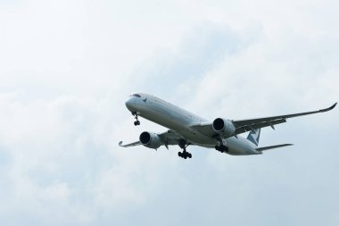 Mavi gökyüzünde uçan uçak.