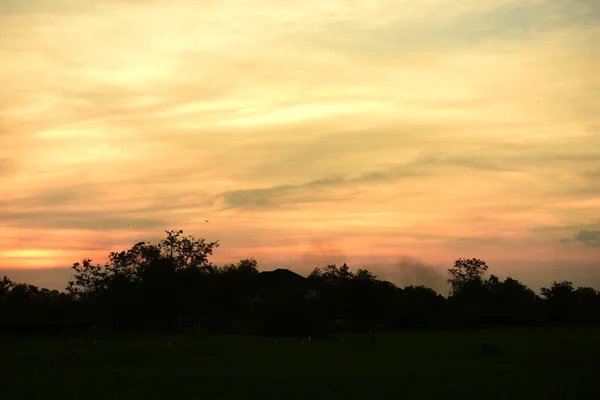 Sonnenuntergangslandschaft Feld Und Himmel Mit Dunklen Wolken Sonnenuntergang Grünen Feld — Stockfoto