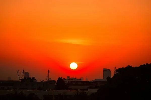 Downtown Business Gebied Zonsondergang Skyline Van Stad Stadslandschap Achtergrond Weergeven — Stockfoto