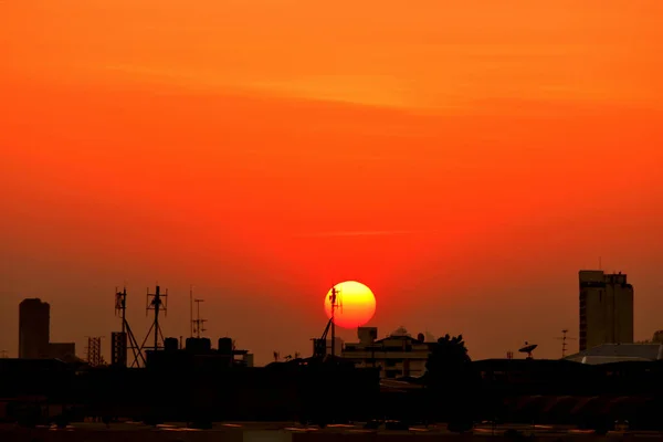 Vista Cidade Centro Negócios Área Pôr Sol Horizonte Paisagem Citada — Fotografia de Stock