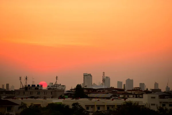 Downtown Business Gebied Zonsondergang Skyline Van Stad Stadslandschap Achtergrond Weergeven — Stockfoto