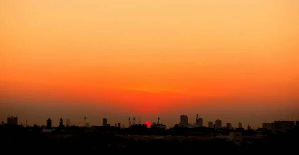 Vista Cidade Centro Negócios Área Pôr Sol Horizonte Paisagem Citada — Fotografia de Stock