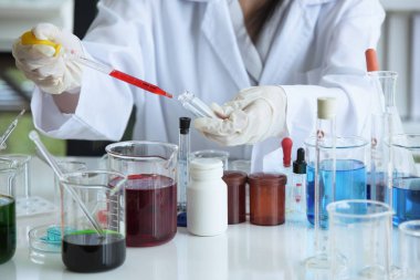 Genç kadınlar bilim adamları bilim laboratuvarı ile çalışıyoruz. Bir test tüpünde bir laboratuvarda tutan Asya bilim adamı