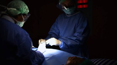 Ameliyathane cerrahi ışıkta. Bir kesim ile cerrahi operasyon başlangıcı için hazırlanması. Takım cerrah modern hastane ameliyathane teknolojisinde sömürge iş başında.