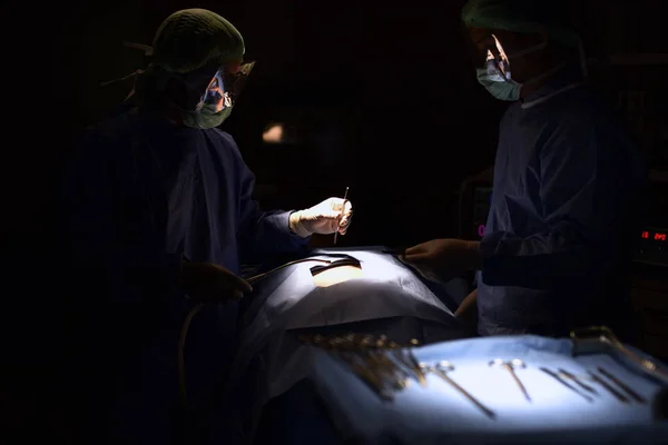 手术室里的手术灯 手术开始的准备与切口 在现代化医院手术室操作技术的团队外科医生 — 图库照片