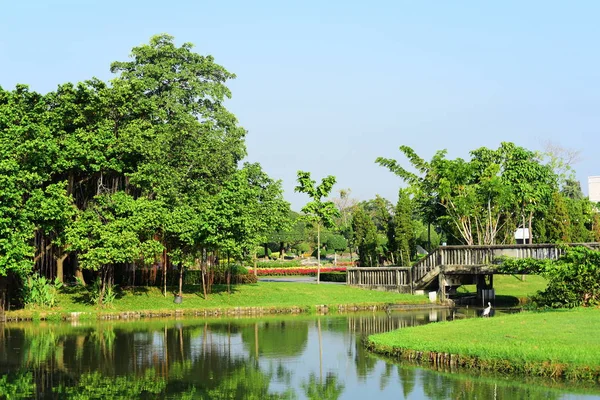 Bahçıvan uzun 9 Park'ta parkta Çiçekleri suluyordum. Bangkok Thailandthe güzel çiçek bahçesinde Bangkok en büyük şehir parkı