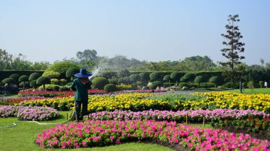 Bahçıvan uzun 9 Park'ta parkta Çiçekleri suluyordum. Bangkok Thailand.The güzel çiçek bahçesinde Bangkok en büyük şehir parkı