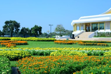 Bahçıvan uzun 9 Park'ta parkta Çiçekleri suluyordum. Bangkok Thailand'The güzel çiçek bahçesinde Bangkok en büyük şehir parkı