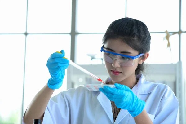 Young scientists are experimenting with science at Asian scientist holding a test tube in a laboratory. Scientists are working in science labs.