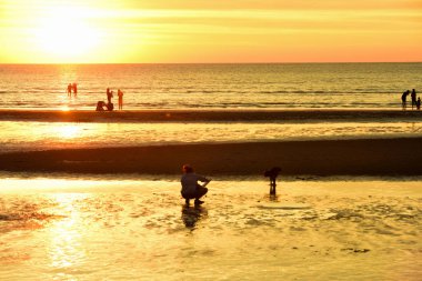 Gün batımında güzel sahil manzarasında birçok insan gün batımından önce oynamak için sahile gelirler..