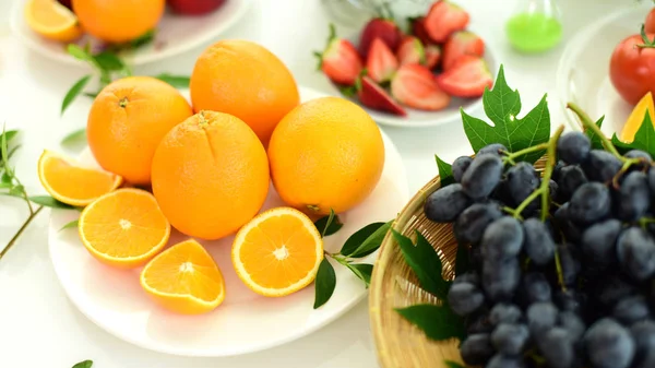 Primer Plano Las Frutas Rodajas Mesa Cocina Zumo Frutas Verduras — Foto de Stock