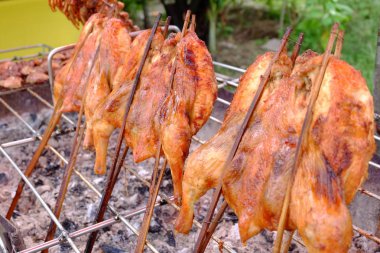 Açık havada ızgara hazırlayan tavukları kapatın.