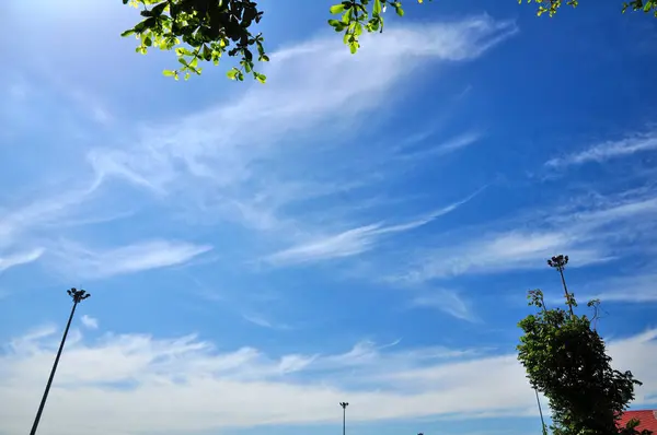 Langit Cerah Dengan Awan Yang Indah Pemandangan Pohon Hijau Dan — Stok Foto