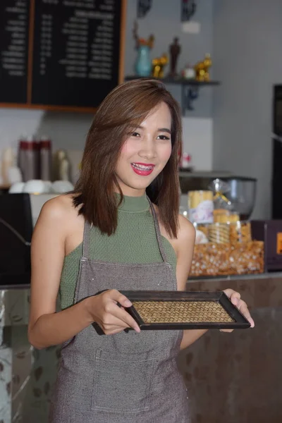 Beautiful Asian Girl Waitress Posing Cafe — Stock Photo, Image