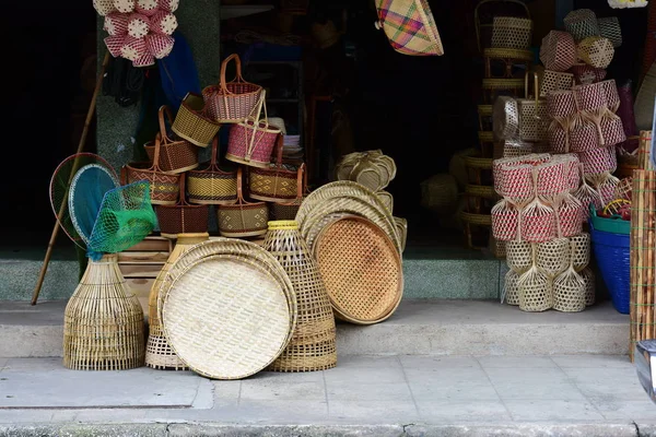 Корзинка Плетеная Тайский Ручной Работы Woven Bamboo Texture Background Design — стоковое фото